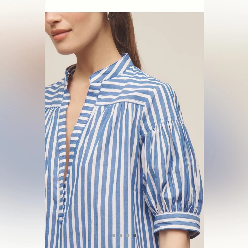 Anthropologie Blue & White Vertical Stripe V-Neck Puff Sleeve Blouse